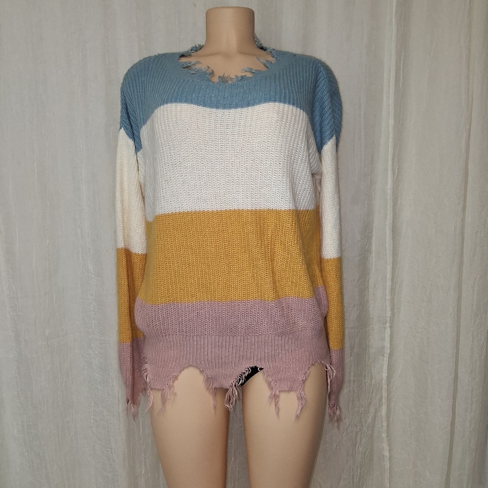 RUN WAY 7 women Size M Colorful Distressed Crew Neck Sweater - Picture 10 of 13